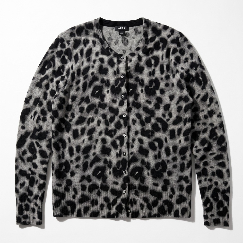 Apt. 9 XL Gray Leopard 100% Cashmere Cardigan Womens Sweater Vintage Casual